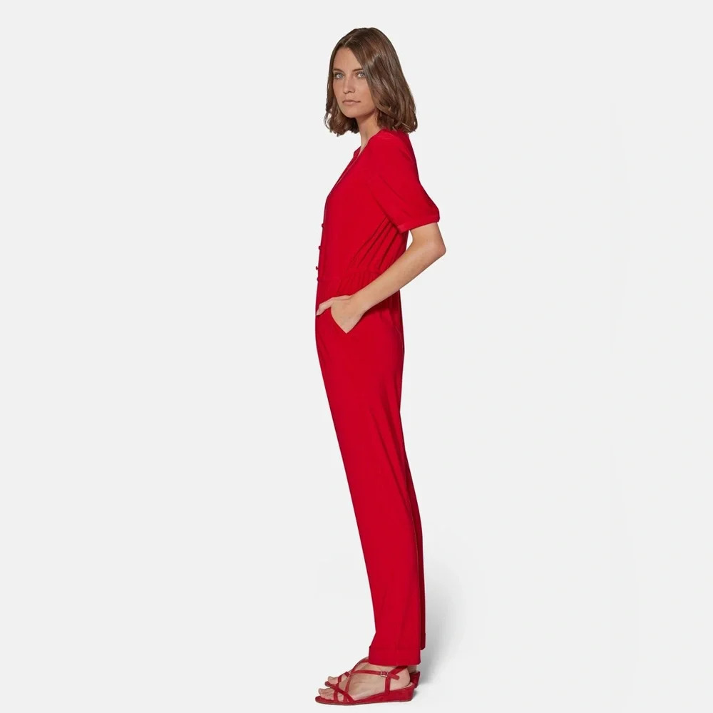 NWT Aqua Red V Neck Short Sleeve Full Length Jumpsuit Holiday Party Size Medium
